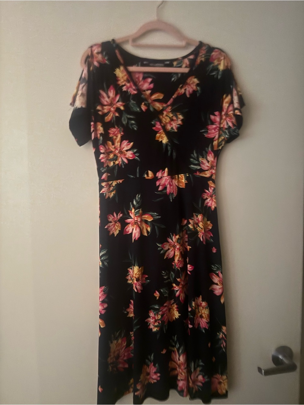 Black Floral Wrap-Style Midi Dress with Pink & Yellow Blooms